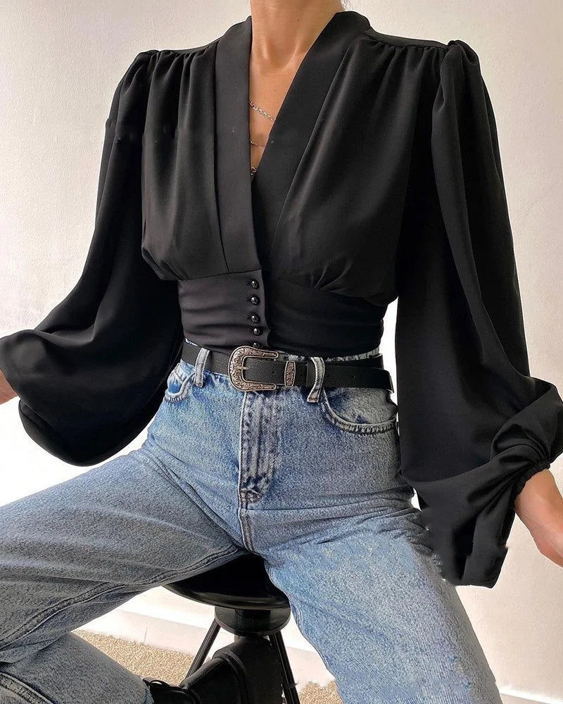 Red Satin Lantern Sleeve Blouse